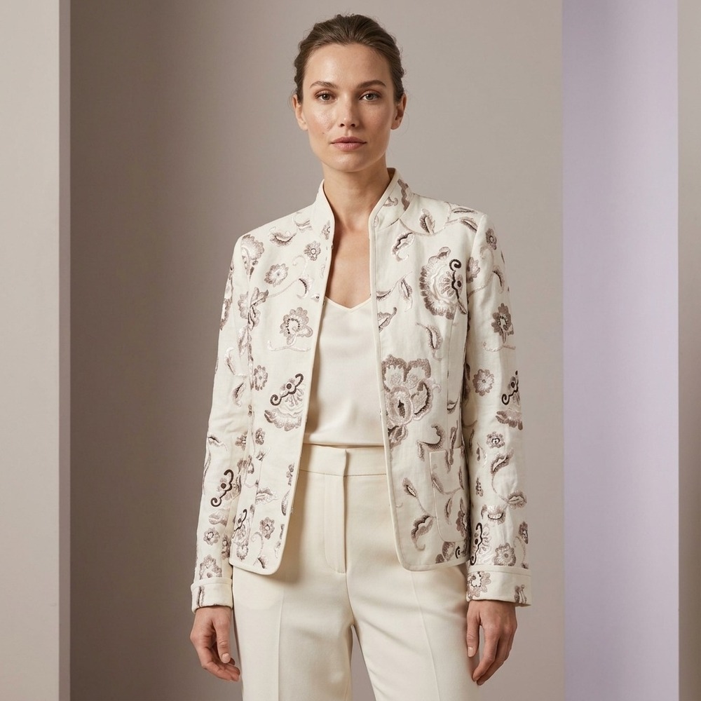 Lafayette 148 Quiet Luxury 100% Linen Embroidered Blazer Jacket 4P Cream